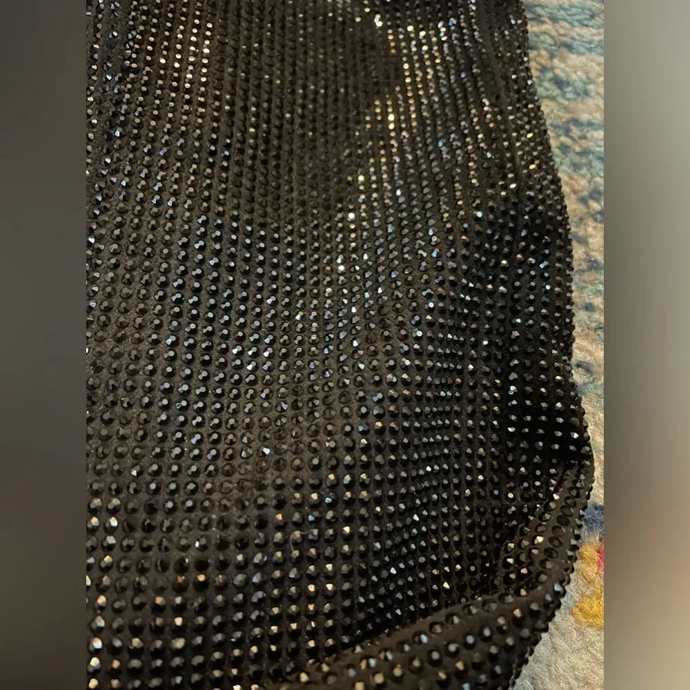 Black Rhinestone Over The Knee Thigh High Pull On Boots Triangle Heel 10